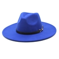Classic royal blue wool fedora hat with flat wide brim and black buckled leather band - Adult 56-59cm / Blue