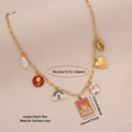 Collar de acero inoxidable dorado con perlas, tulipanes y amuletos de tarot rosa - Estilo Multi-Colgante Tarjeta Love Arcoíris (2#Placa Cuadrada)