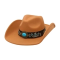Detail of western wool fedora featuring turquoise stone and bohemian floral embroidery - Wide Embroidered Band / Camel