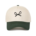 Detail of contrast stitch five-panel cap with bow embroidery and cream canvas crown - Adjustable / Army Green