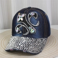 Close-up of heavy denim baseball cap with silver rhinestones and colorful gemstones - Style 44-Deep Blue Denim Full Rhinestone