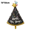 78x50cm Happy New Year triangle foil balloon in black with gold trim and star details - English New Year Hat Balloon