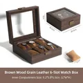 Brown wood grain leather watch box for 6 slots with velvet lining and glass window - Square 6 Slots