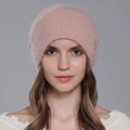 Pink angora rabbit fur knit beanie for women with soft rib texture and silver detail - Pink