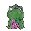 Broche grenouille verte en émail avec fraise rose en alliage de zinc pour décoration - C1956-3 Broche Grenouille Fraise