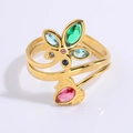 Gold titanium steel open ring with colorful gemstones, butterfly design and pink heart detail - Five-Petal Flower Colorful Style (JZ25-5)