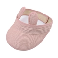 Detail of pink straw sun visor for kids with cute rabbit ears and breathable inner sweatband - Solid Animal Ear Style / Pink