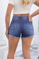 Dettaglio di shorts di jeans a vita alta con orli sfilacciati e lavaggio blu chiaro - S / Blu scuro