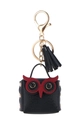 Black leather owl keychain charm with red accents and a decorative gold tassel - Black