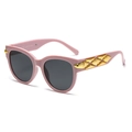Retro oval pink sunglasses for women with wide temples and golden geometric metal decor - Purple-Pink Frame Grey Lens