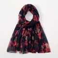 Navy blue voile scarf with red and pink floral prints for women, lightweight summer shawl - Dark Blue Pink Red Floral