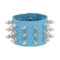 Light blue wide leather bracelet with triple-row silver metallic punk spike rivets - Sky Blue