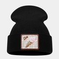 Detailed view of the ice cream patch embroidery on a black knitted winter beanie hat - Style 5-Ice Cream