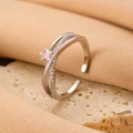 Fashionable adjustable silver ring with pink enamel stars and micro-pave crystals - Silver Pink Meteor Open Ring (Z-311)