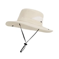 Beige wide brim sun hat with mesh vents and adjustable chin strap for hiking - Deep Beige