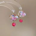 Detail of gold butterfly earrings with pink crystals and pearls on beige background - Gold-Pink Flower Cluster (68# Silver Earring Post)