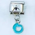 Italian modular bracelet charm with a light blue enamel hanging digit six pendant - Letter O