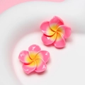 Detailed view of pink and yellow gradient resin frangipani flower stud earrings - Small Rose Red