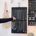 Wall-mounted black felt jewelry organizer with hooks for necklaces and earrings - Black Hook (Leather Back)