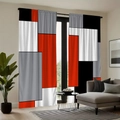Detail view of modern geometric square pattern polyester curtains in a living room setup - Rust Red Patchwork