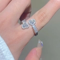 Fashion silver double heart open ring featuring cubic zirconia stones for women - Silver Dual Heart Pave Ring (G-211)
