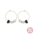 Aros vintage de plata S925 con obsidiana negra natural y perlas blancas elegantes - Chapado en Oro de 14K / Dorado