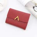 Red tri-fold mini wallet for women featuring a stylish gold V-shaped metal clasp - Red