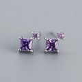 S925 silver stud earrings featuring square deep purple and round lavender zircon stones - Platinum (Purple Stone)