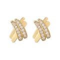 Golden criss-cross hoop earrings set with small white zircon stones on white background - Gold X-Shaped Cross 1 Pair
