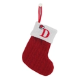 Red and white knitted Christmas stocking featuring embroidered letter D and hat icon - Letter D