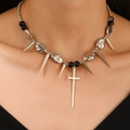 Gothic punk necklace with silver spikes, black beads and cross pendant on a model - Long Cross & Spike Punk Necklace (2742) / Silver
