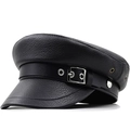Classic black faux leather newsboy cap featuring a decorative strap with silver metal buckle - 56-58cm (Adjustable) / Black