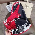 Fashionable square scarf with red floral rose print and elegant satin finish - Red Black White Rose