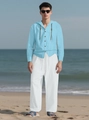 Men's beach linen set with light blue hooded shirt and white casual drawstring pants - Blue + White