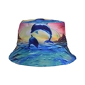 Chapeau bob réversible avec motif de dauphin et arc-en-ciel sur coucher de soleil - Dauphin Arc-en-Ciel/Dégradé