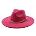 Magenta faux suede wide brim fedora hat with brown leather band and gold buckle detail - M (56-59cm) / Rose Red Suede