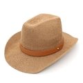 Straw cowboy hat with brown faux leather belt and gold metal buckle on white background - M (56-58cm) / Khaki