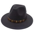 Detail of wool fedora hat with ethnic band featuring bronze beads and shell accents - Dark Gray