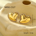 Macro shot of gold heart-shaped earrings with white rhinestones and dimensions - NMSE-C527-1 (Heart Rhinestone)
