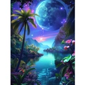 5D DIY diamond painting kit featuring a glowing blue moon and tropical palm trees scene - Glowing Blue Moon Landscape / 20x30cm