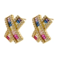 Luxury gold X-shaped stud earrings with colorful cubic zirconia and micro-paved crystals - 1 Pair / Gold with Multicolor Zircon