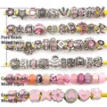 Pink DIY charm beads set with sparkling crystals and floral enamel patterns - Pink Series - 40Pcs