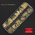 Golden 12-slot nail art charms box with mixed geometric metal studs and alloy stars - G-40 Style (Golden Mixed Shape Metal Sheets)