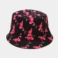 Detail of a black bucket hat featuring vibrant pink flamingo prints for sun protection - M (56-58cm) / Black