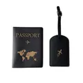 Travel set featuring black pebble leather passport holder and luggage tag with gold foil - Passport Holder + Luggage Tag / Black Zirconia Set