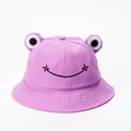 Close-up of the purple frog bucket hat with 3D eyes and embroidered smiling face - 52-54cm / Lavender