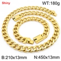 Golden stainless steel Cuban chain necklace and bracelet set with secure square buckle - Style A (Box Clasp) / 13mm Width / Bracelet 21cm + Necklace 45cm / Gold