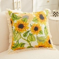 Beige linen cushion cover with yellow sunflower print and decorative tassels on a sofa - 45x45cm Pillow Cover / Sunflower 2772