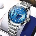 Men's quartz watch with blue sunray dial and silver stainless steel strap for business style - Dark Silver Band Blue Dial