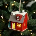 Red and white LED wooden Christmas house ornament hanging on a festive Xmas tree - Style F / Grey Red White Tricolor / 10x11x7.1cm